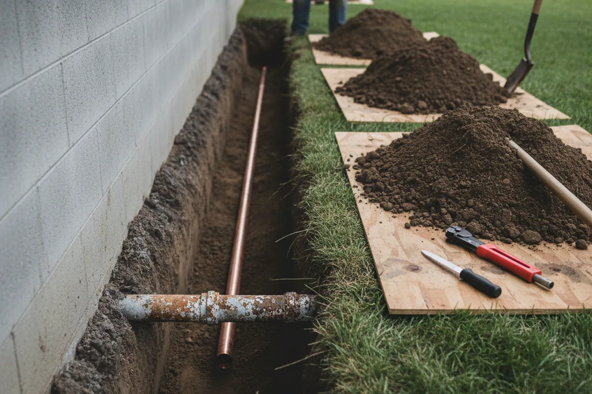Excavated water line trench during Water Heater Repair in East Windsor